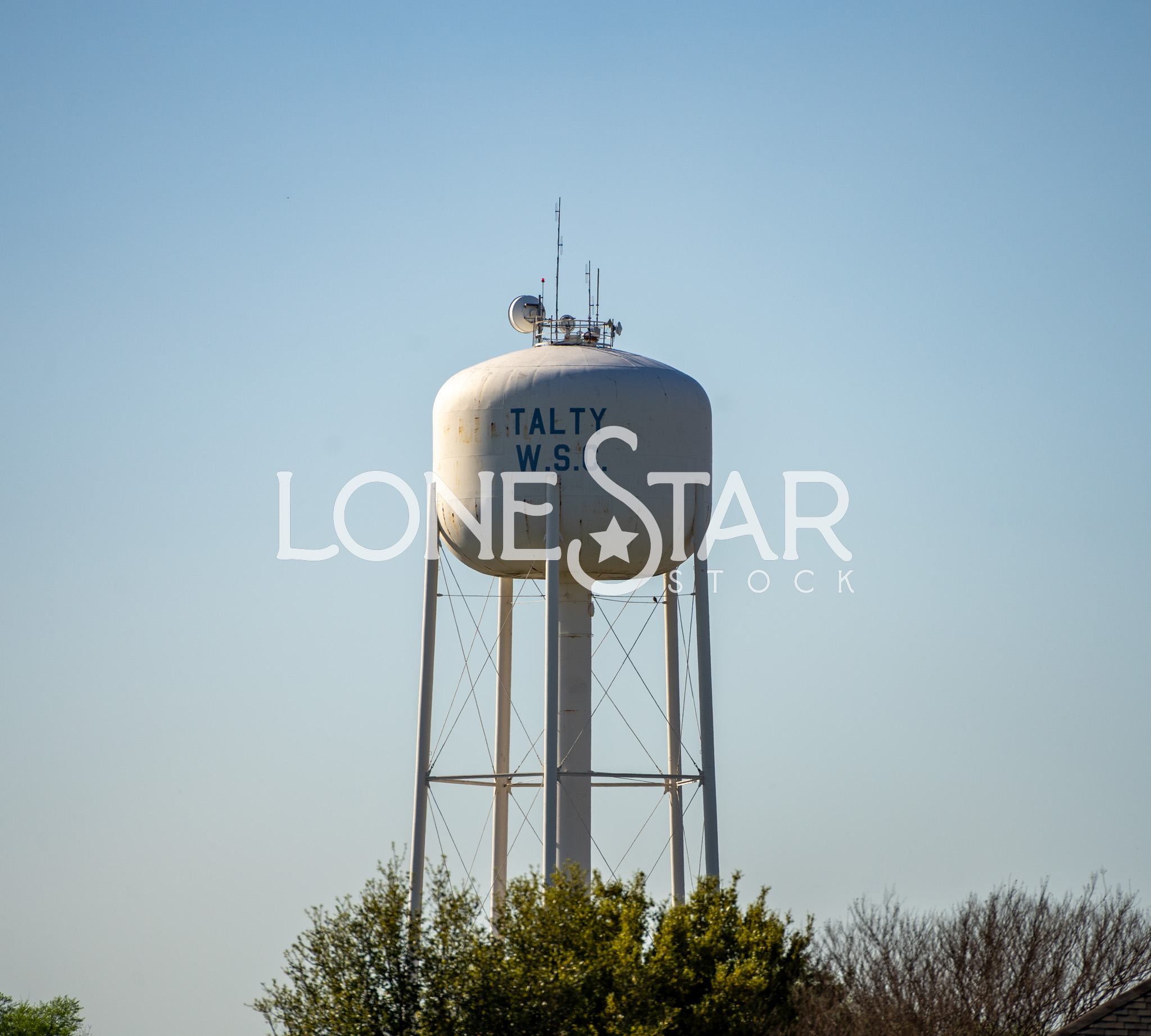Preview of Talty Water Tower with Blue Lettering with Tops of Trees in View